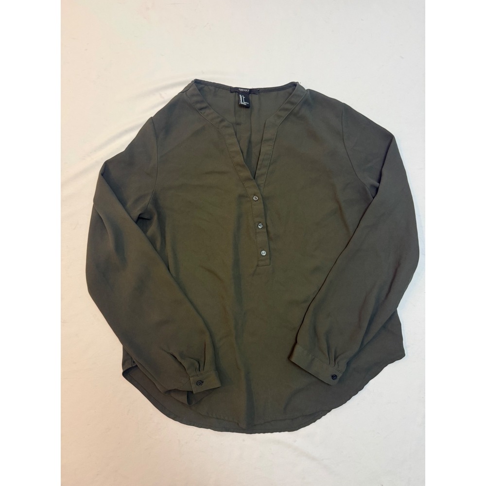 Forever 21 Women Olive Green Long Sleeve Henley V-Neck Blouse Top Small